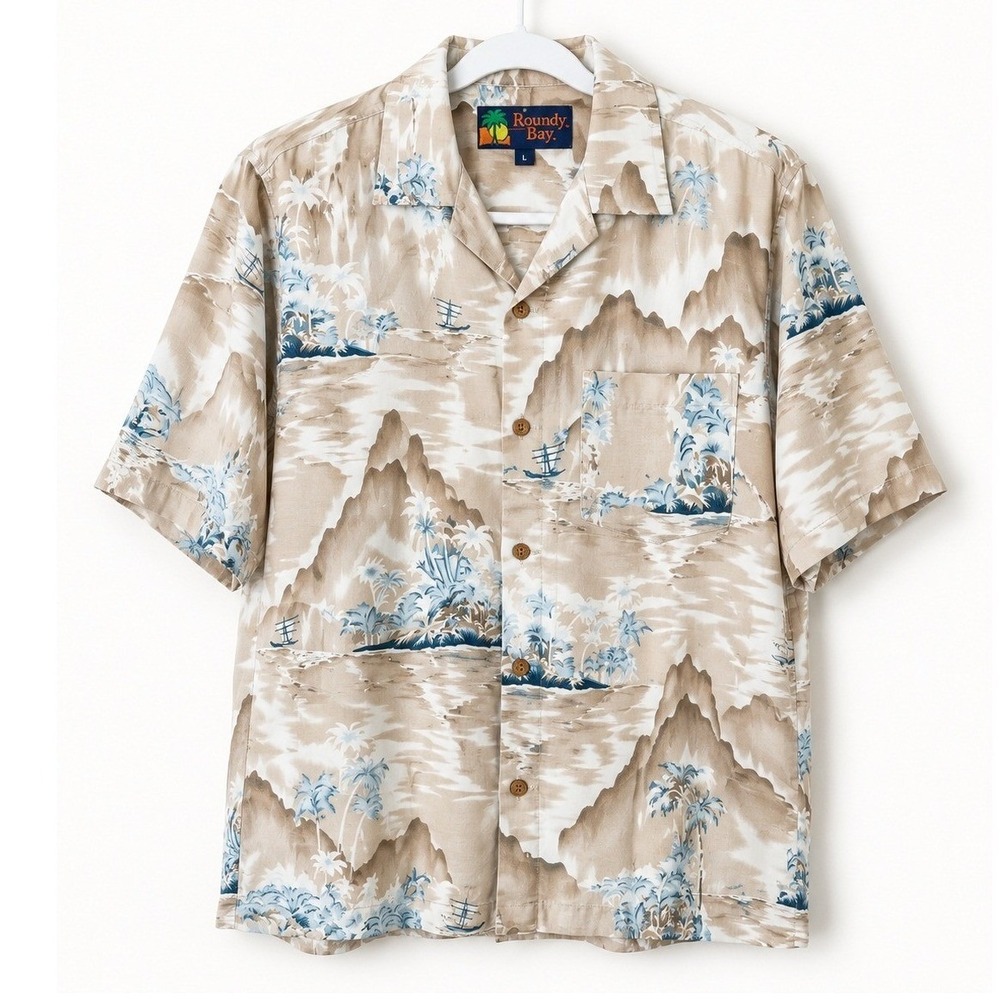 Roundy Bay Hawaiian Shirt Mens Large Tan Blue Scenic Island Print Camp Collar L